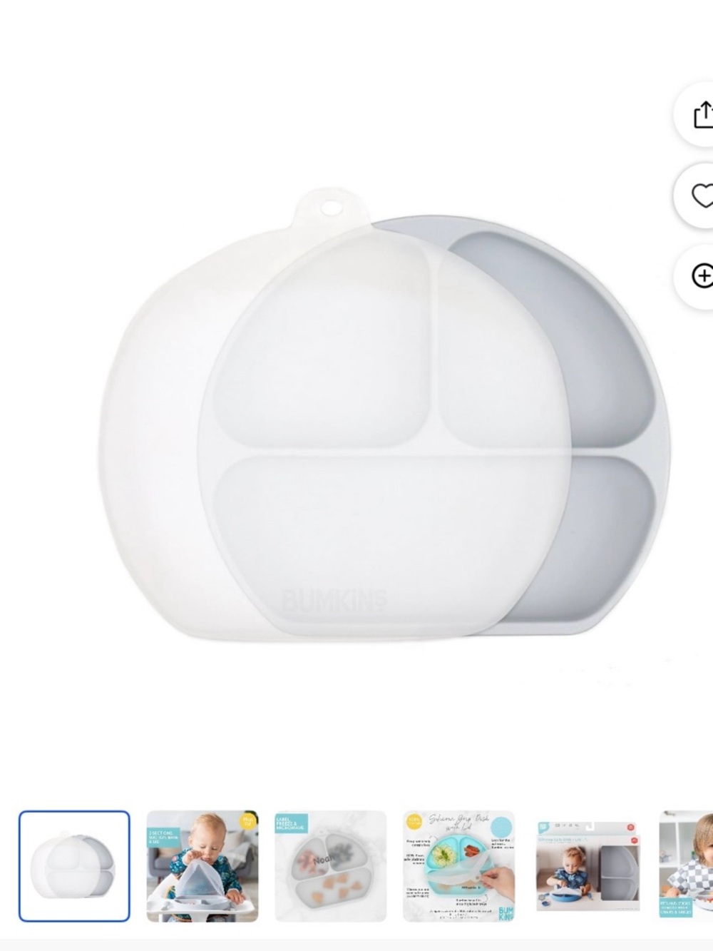 Bumkins Gray Silicone Divided Baby Grip Plate with Flexible Lid